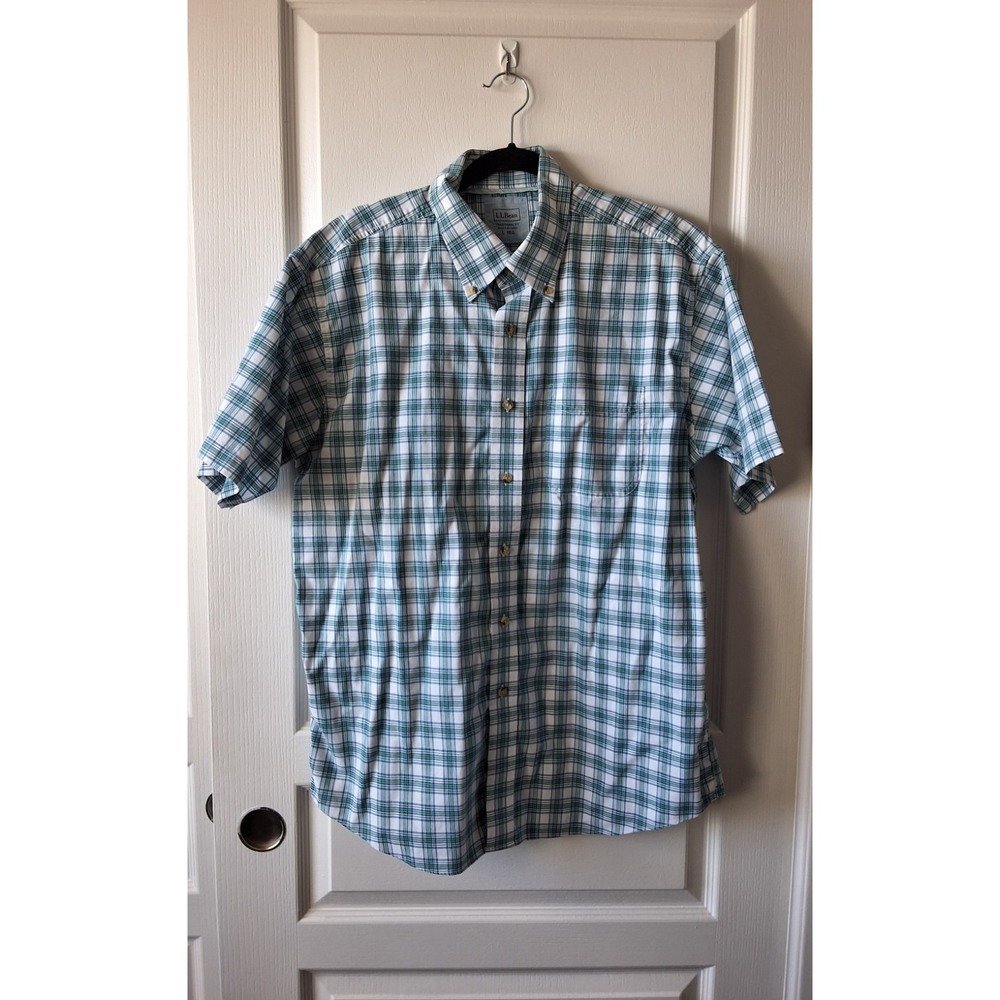 L L Bean Mens Green Plaid Traditional Fit Short Sleeves Button Down Shirt Size L